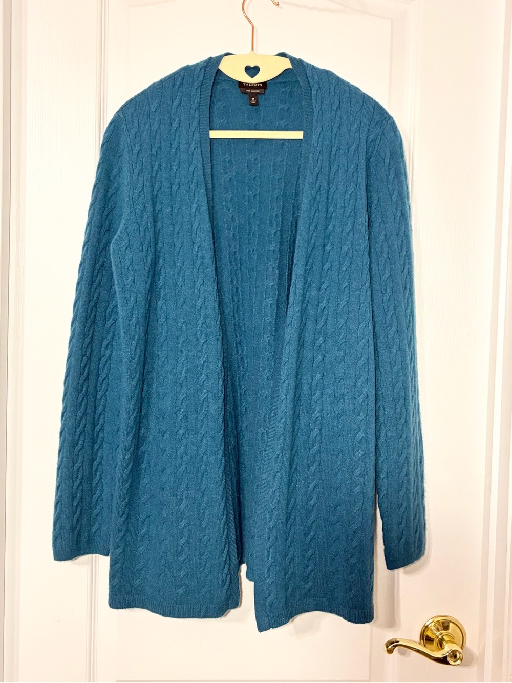 Talbots Pure CASHMERE Cable Knit Long A-line Open Front Cardigan Sweater Teal M